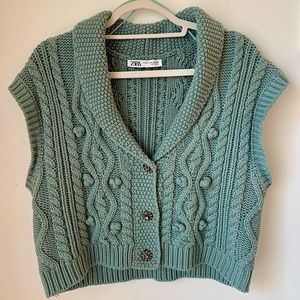 ZARA Blue/Green Cropped Sleeveless Cardigan SIZE M-L